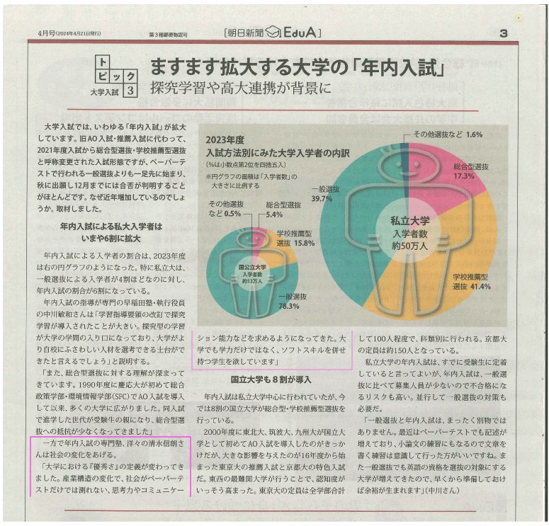 『朝日新聞 EduA』に洋々代表 清水のコメントが掲載されました