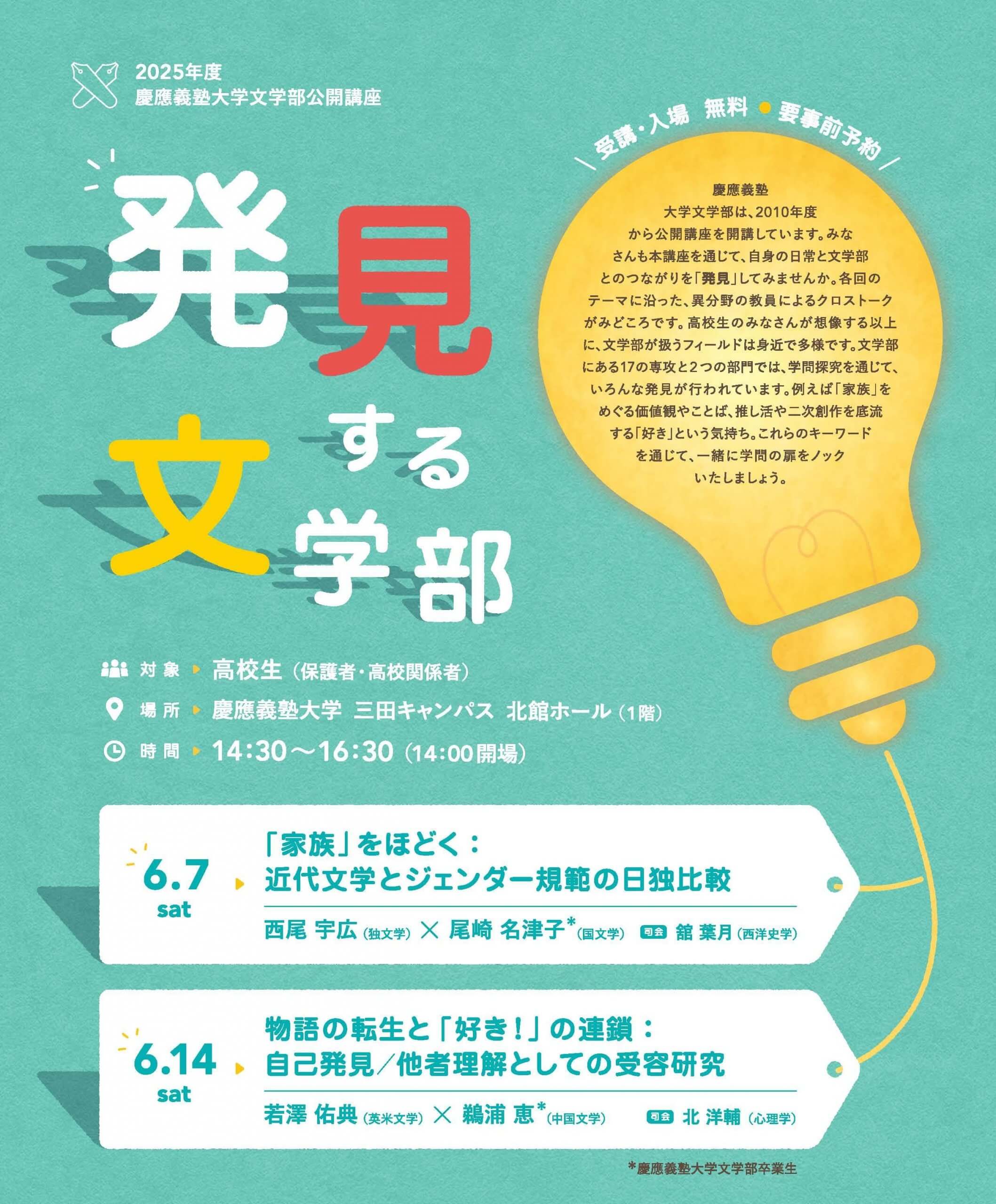 慶應義塾大学文学部が高校生向け公開講座「発見する文学部」を6/7、6